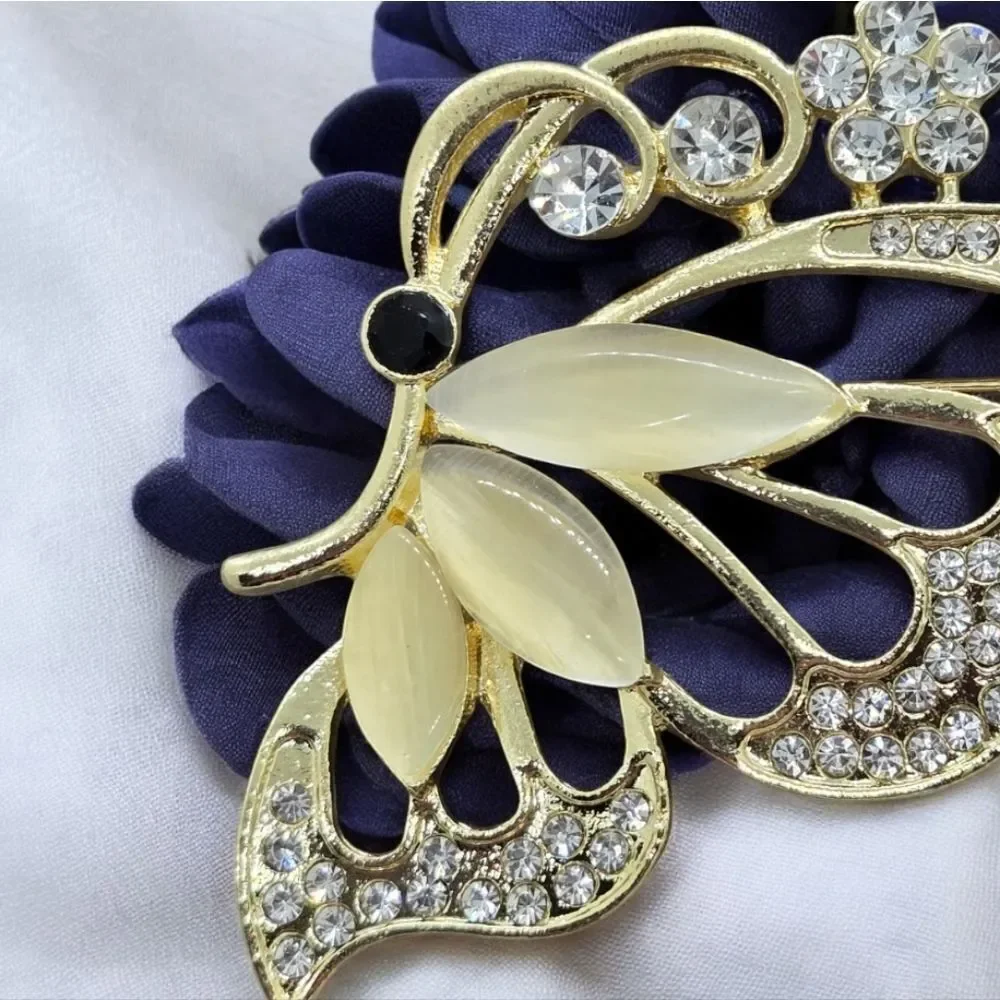 Elegant Gold Butterfly Rhinestone Brooch Pin Large Statement Lapel Accessory